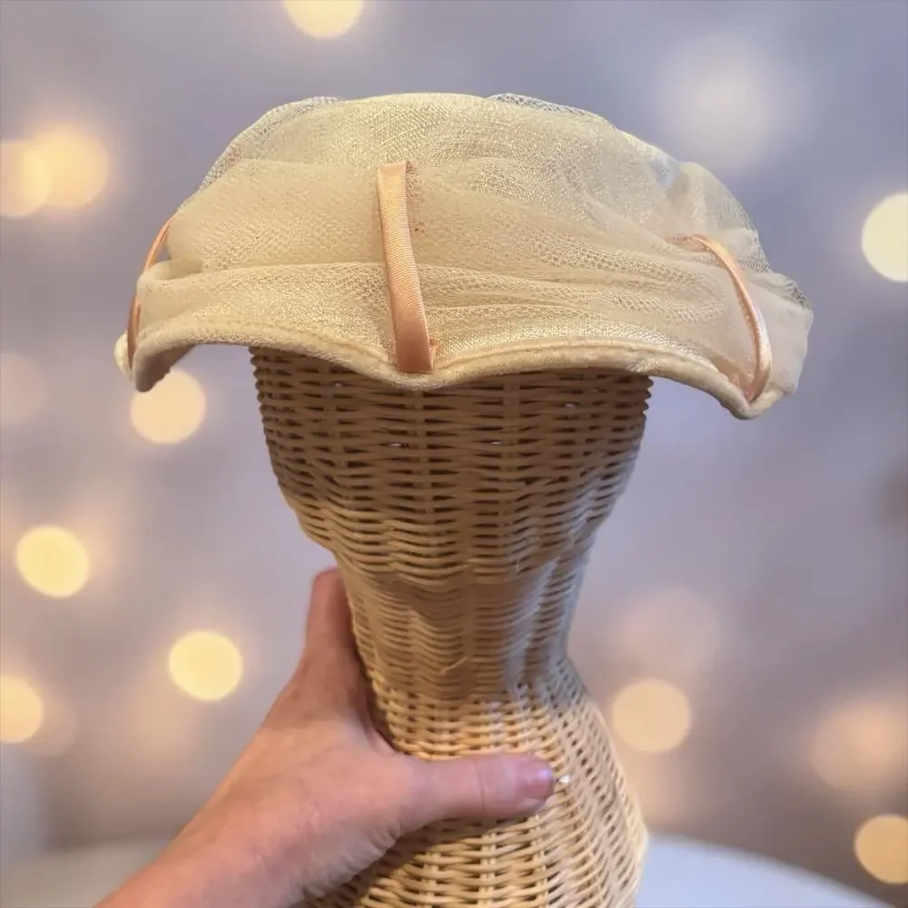 Ivory Tulle Picture Hat Blush Ribbon Tea Party Church Derby Fascinator VTG